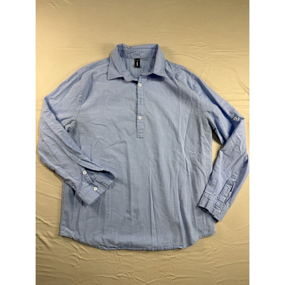 OUKU Men’s L Powder Blue Button‑Up Long Sleeve Shirt – Cotton Linen Blend – Casu